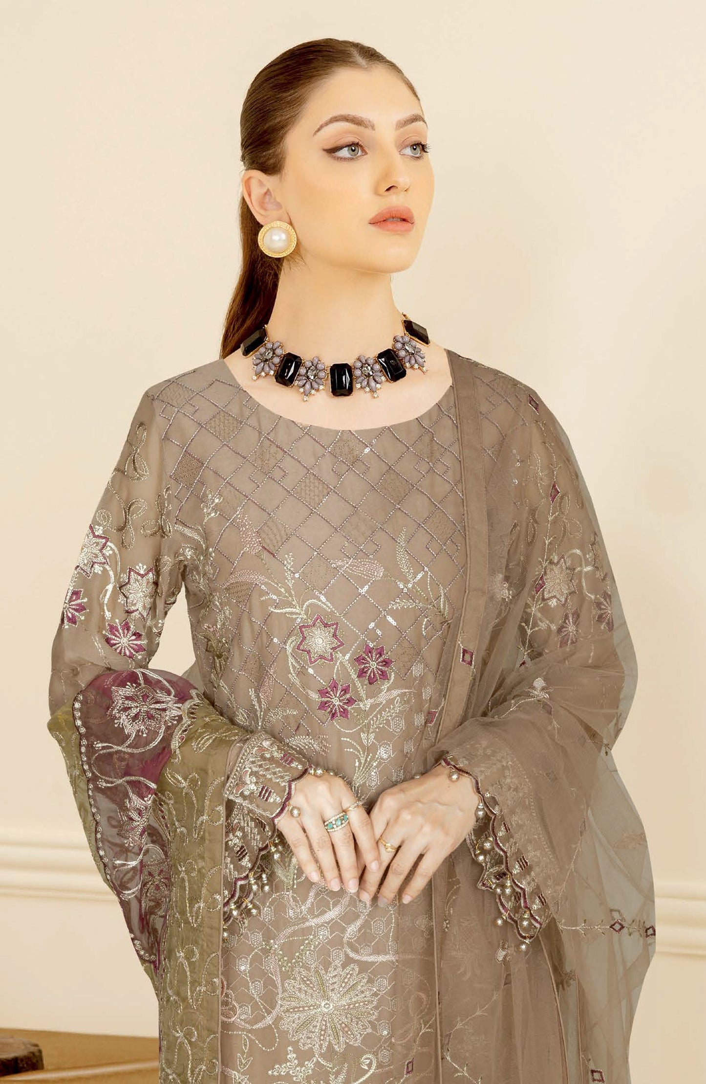 Nayab by Ramsha Luxury Embroidered Chiffon Unstitched 3 Piece Suit - N-412 - RM26NYB - Brown - Festive Collection