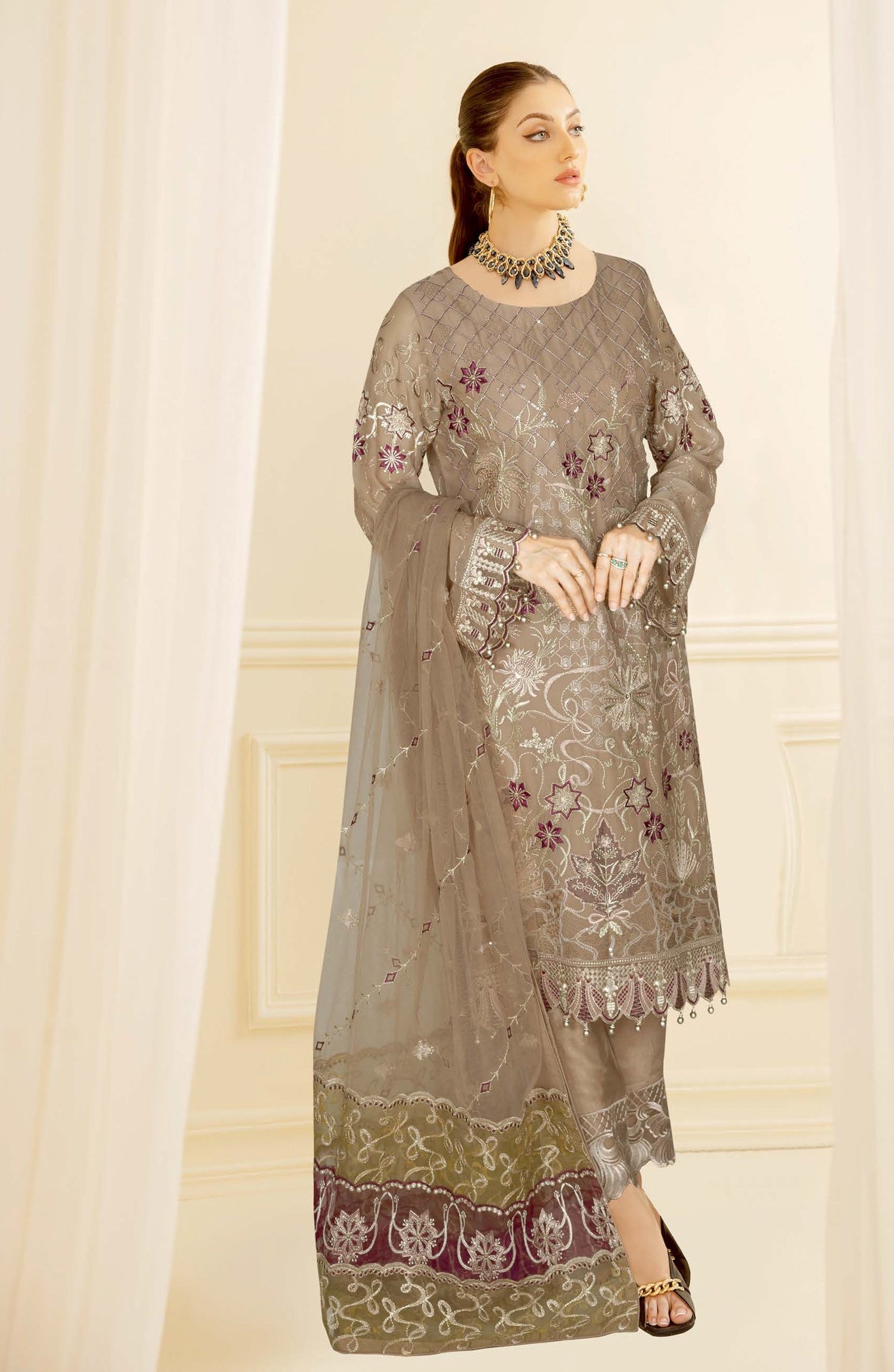 Nayab by Ramsha Luxury Embroidered Chiffon Unstitched 3 Piece Suit - N-412 - RM26NYB - Brown - Festive Collection