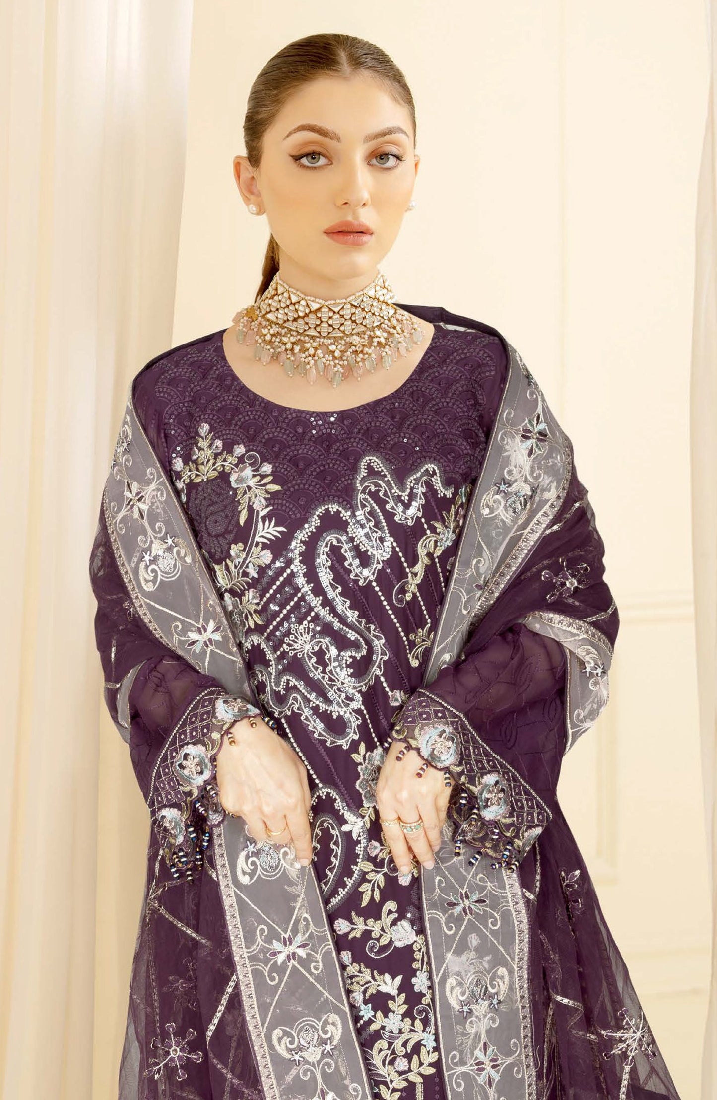 Nayab by Ramsha Luxury Embroidered Chiffon Unstitched 3 Piece Suit - N-411 - RM26NYB - Purple - Festive Collection