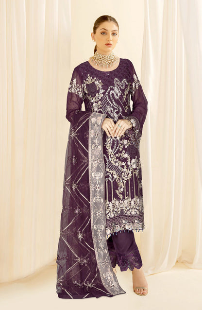 Nayab by Ramsha Luxury Embroidered Chiffon Unstitched 3 Piece Suit - N-411 - RM26NYB - Purple - Festive Collection