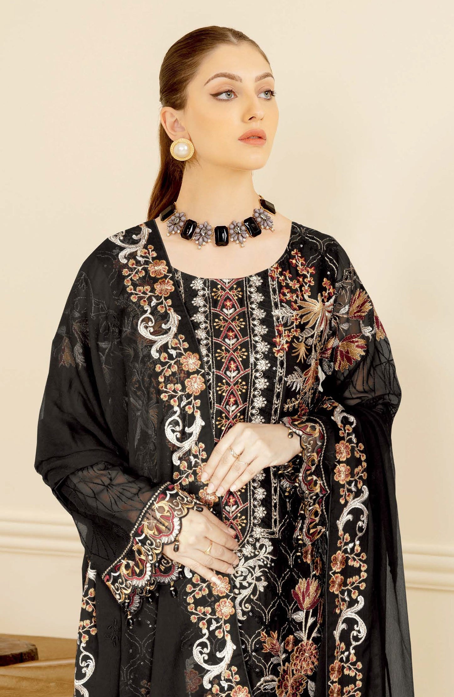 Nayab by Ramsha Luxury Embroidered Chiffon Unstitched 3 Piece Suit - N-406 - RM26NYB - Black - Festive Collection
