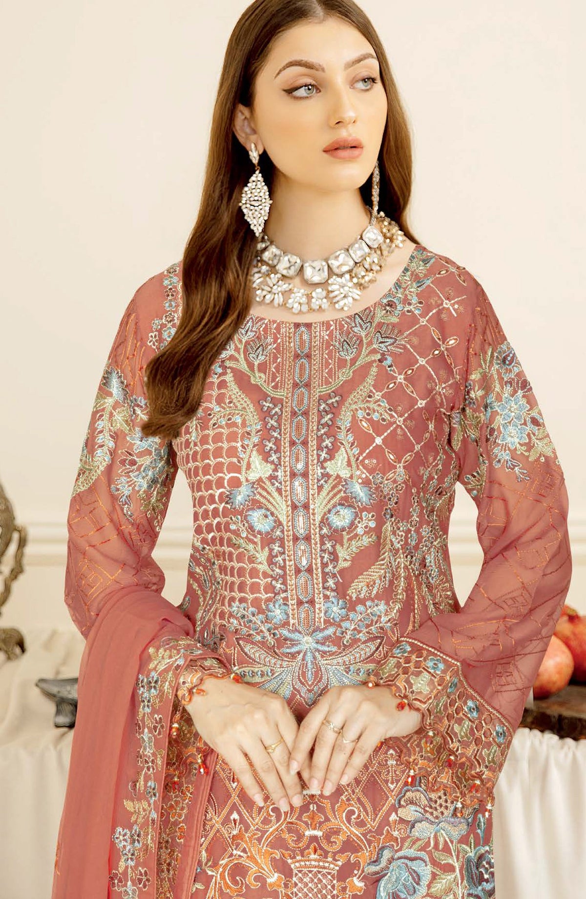 Nayab by Ramsha Luxury Embroidered Chiffon Unstitched 3 Piece Suit - N-403 - RM26NYB - Pink - Festive Collection