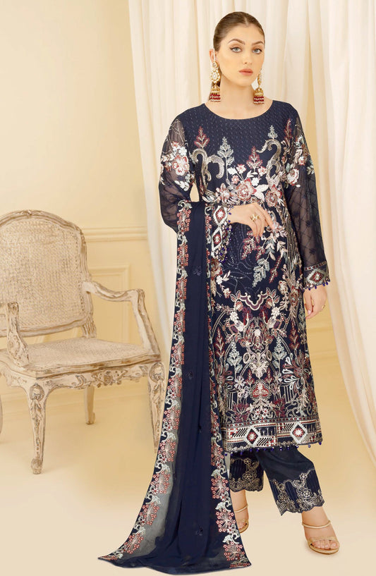 Nayab by Ramsha Luxury Embroidered Chiffon Unstitched 3 Piece Suit - N-402 - RM26NYB - Blue - Festive Collection