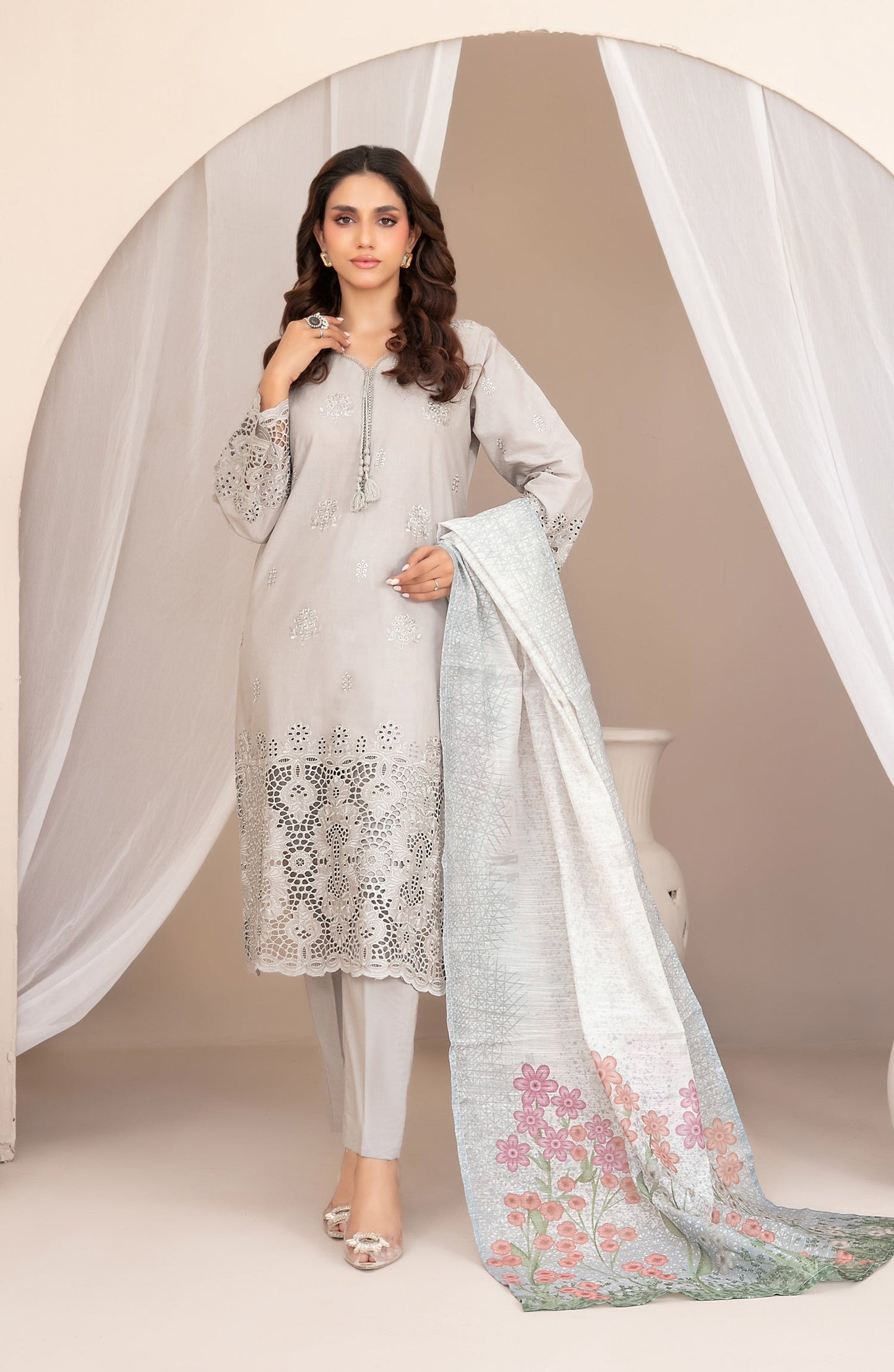 Nazifa by Tawakkal Fabrics Embroidered Schiffli Lawn Stitched 3 Piece Suit - D-1045 - TF26NZ - Grey - Summer Collection