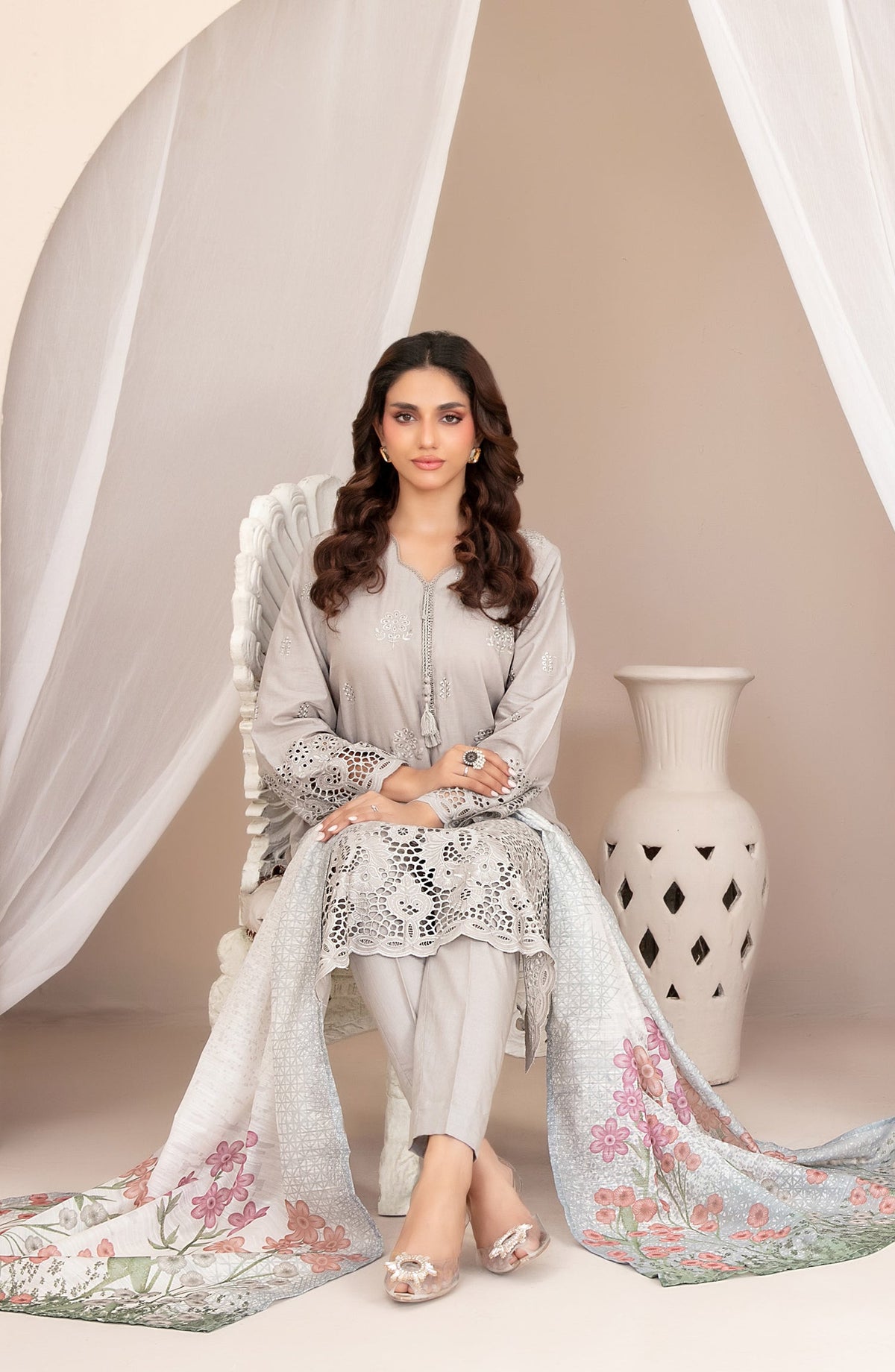 Nazifa by Tawakkal Fabrics Embroidered Schiffli Lawn Stitched 3 Piece Suit - D-1045 - TF26NZ - Grey - Summer Collection