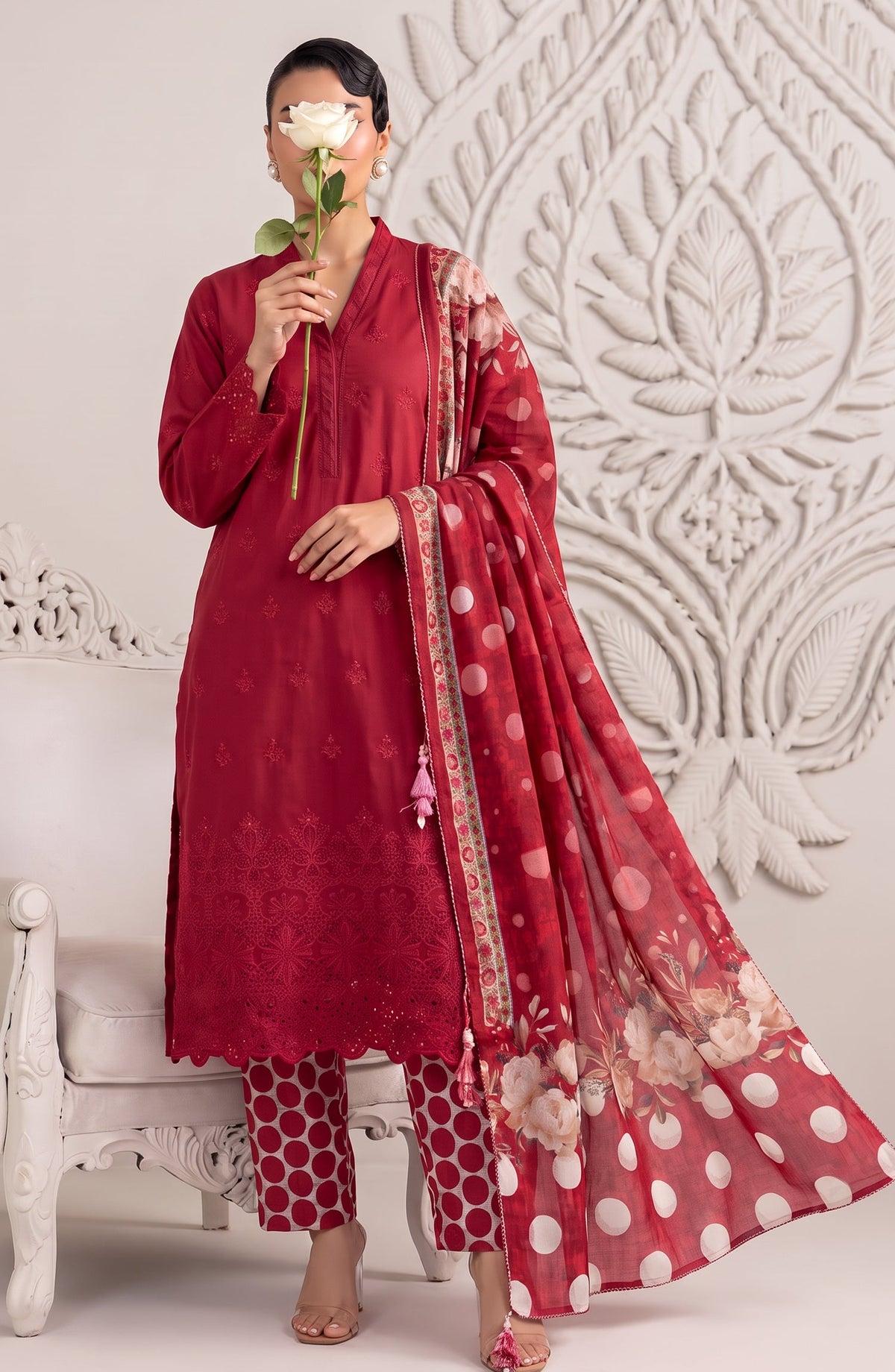 Neesha by Amna Khadija Embroidered Cotton Stitched 3 Piece Suit - AKN-01 - AM26NSHA - Red - Summer Collection
