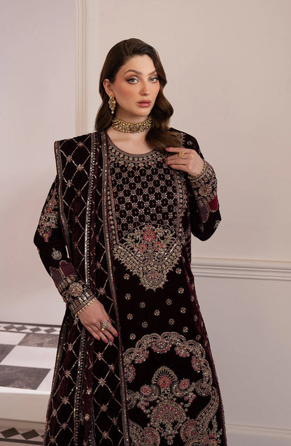 Noirah by Embroidered Velvet Unstitched 3 Piece Suit - NV-003 - AK26NOI - Maroon - Winter Collection