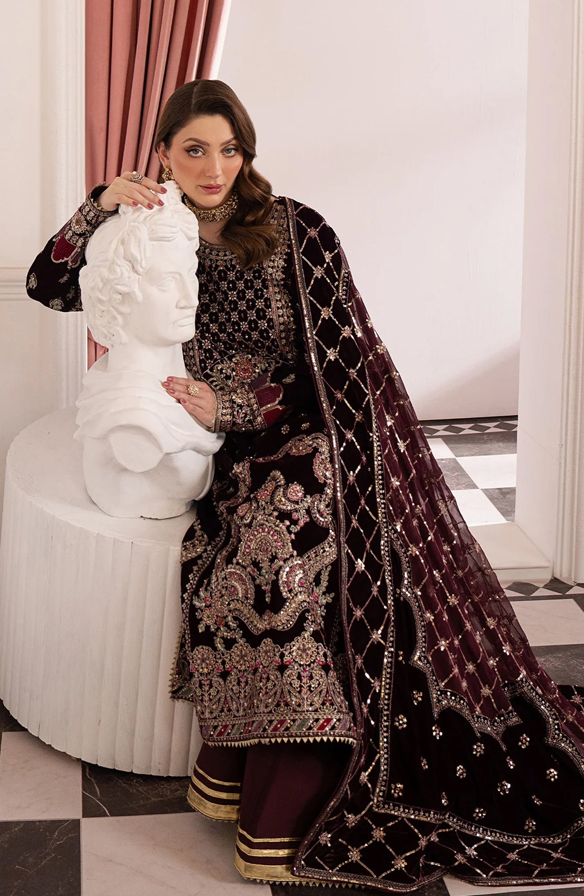 Noirah by Embroidered Velvet Unstitched 3 Piece Suit - NV-003 - AK26NOI - Maroon - Winter Collection