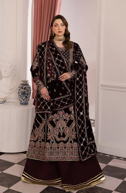Noirah by Embroidered Velvet Unstitched 3 Piece Suit - NV-003 - AK26NOI - Maroon - Winter Collection