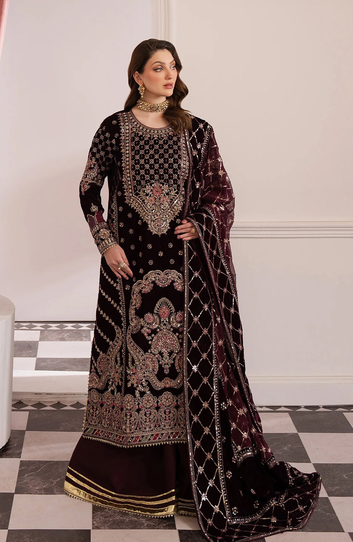 Noirah by Embroidered Velvet Unstitched 3 Piece Suit - NV-003 - AK26NOI - Maroon - Winter Collection