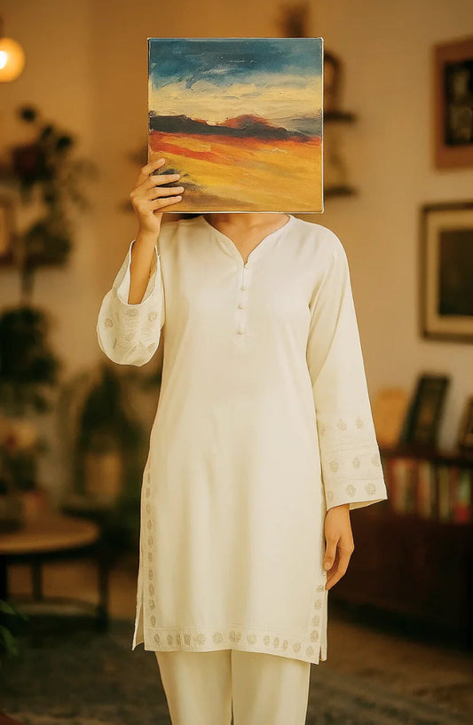 Noor-e-Rang by Ayla Embroidered Lawn Stitched 2 Piece Suit - CHANDNI - AY25NRG - Ivory White - Summer Collection