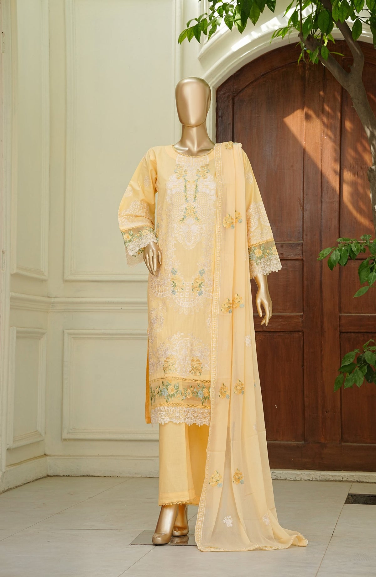 Noor e Sumaika by Amna Khadija Embroidered Lawn Stitched 3 Piece Suit - AKNS-04 - AM26NRSK - Yellow - Summer Collection