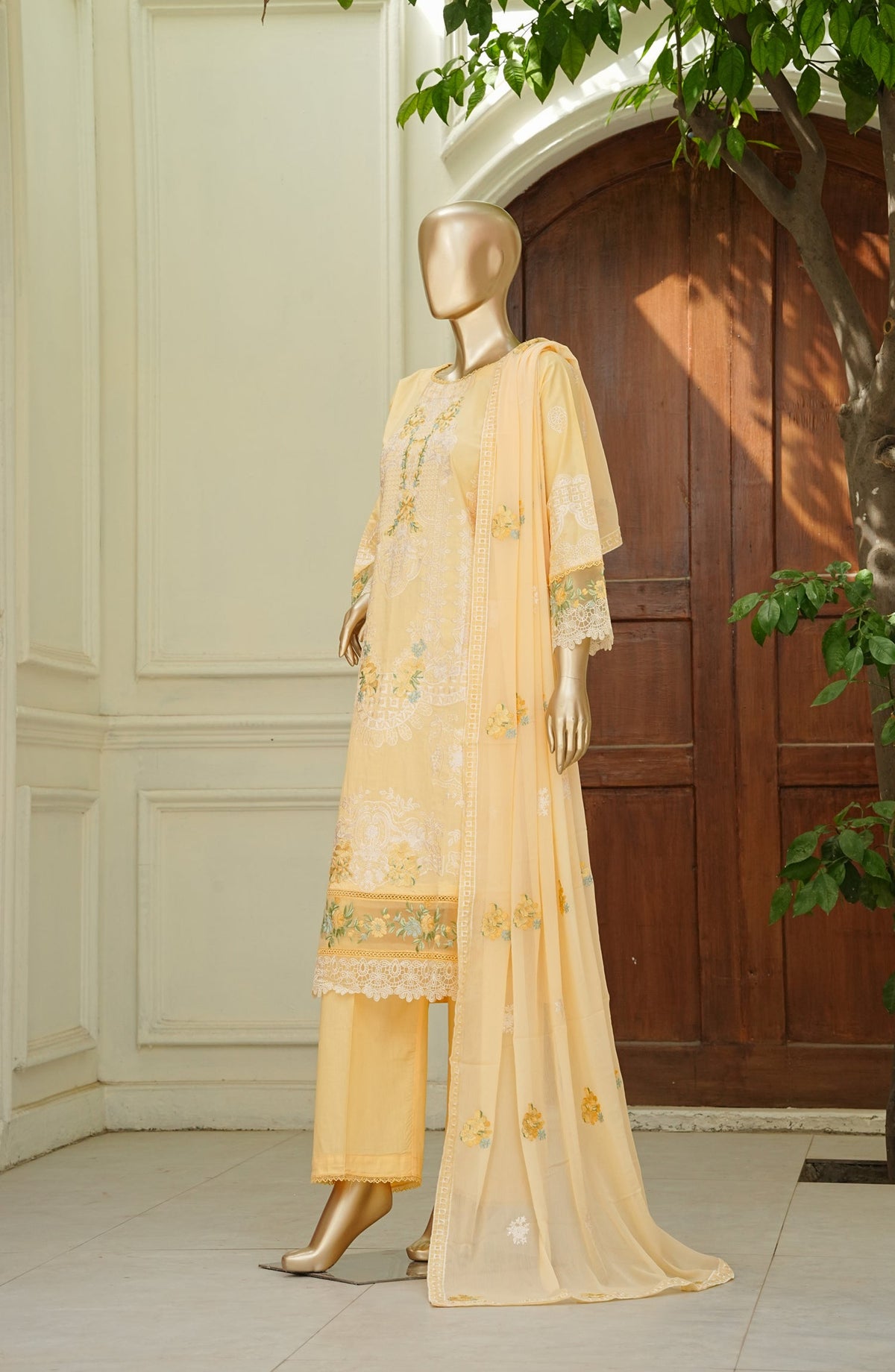 Noor e Sumaika by Amna Khadija Embroidered Lawn Stitched 3 Piece Suit - AKNS-04 - AM26NRSK - Yellow - Summer Collection