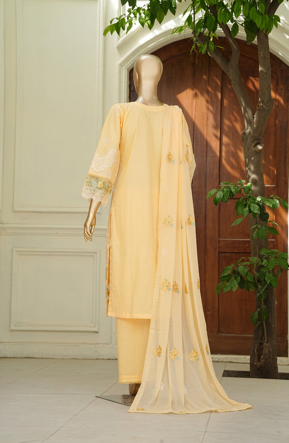 Noor e Sumaika by Amna Khadija Embroidered Lawn Stitched 3 Piece Suit - AKNS-04 - AM26NRSK - Yellow - Summer Collection