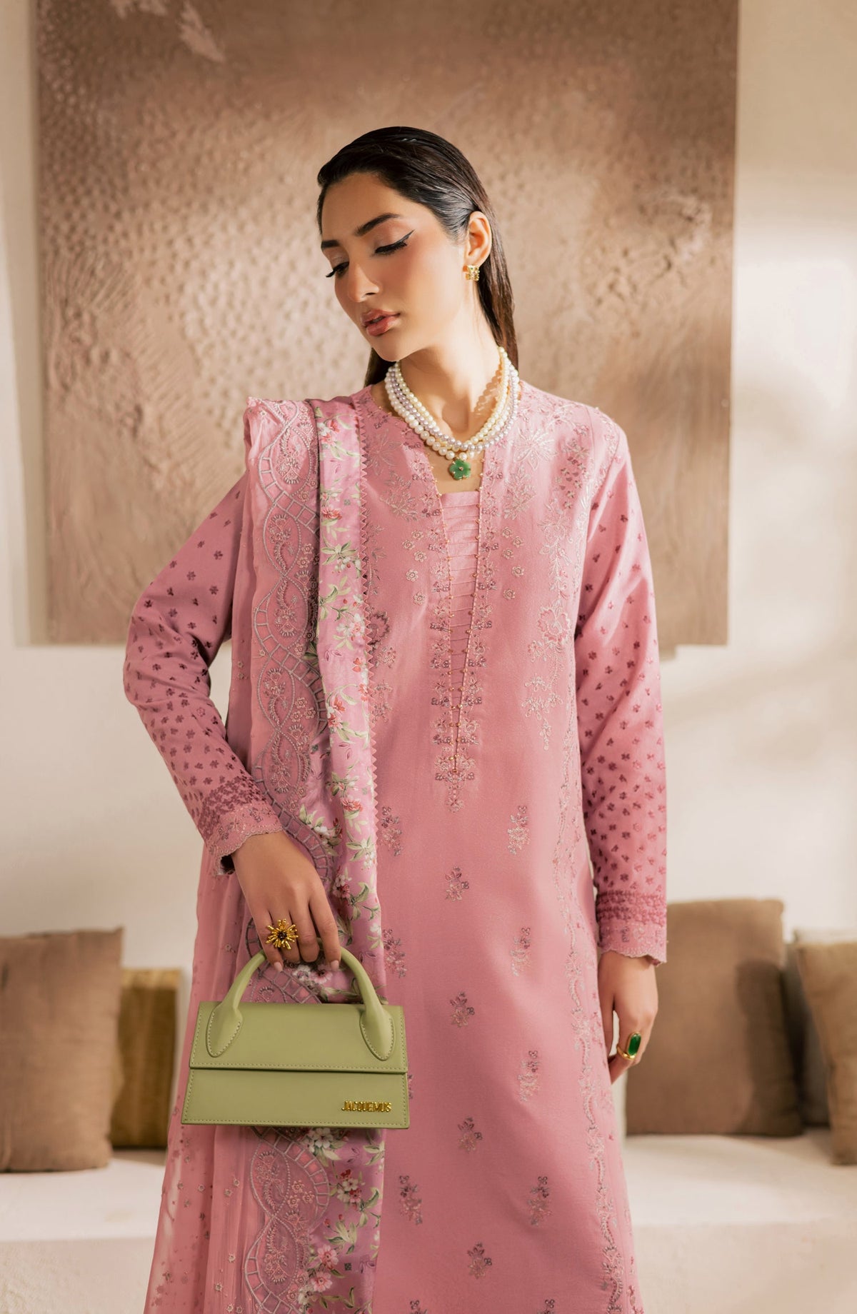 Nureh Exclusive Embroidered Lawn Unstitched 3 Piece Suit - NE-216 - NL26KL - Pink - Luxury Collection
