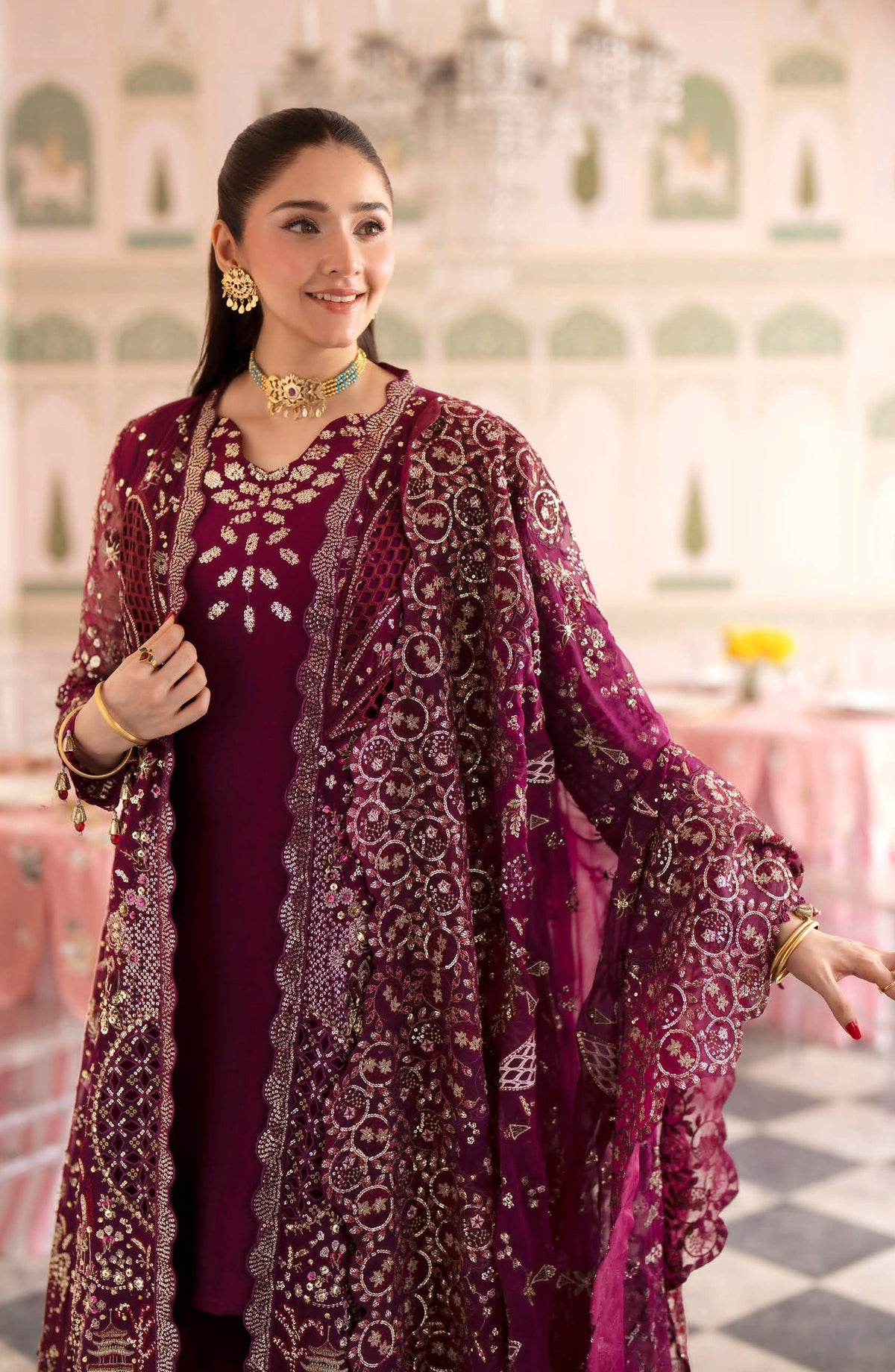Nureh Jhoomro Embroidered Chiffon Unstitched 3 Piece Suit - NL-97 - NL26JHO - Pink - Festive Collection