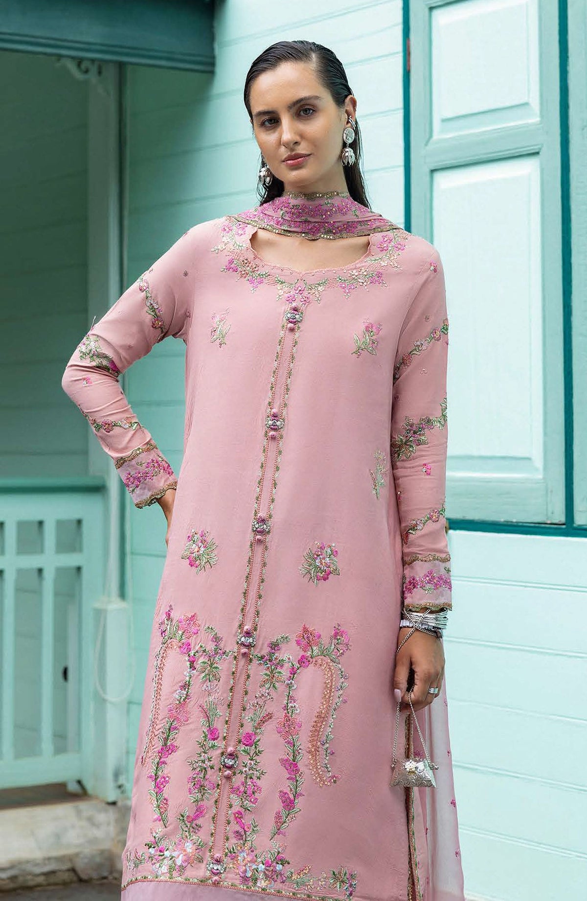Nuvera by Mushq Embroidered Raw Silk Unstitched 3 Piece Suit - Elowen - MQ25NV - Pink - Luxury Collection