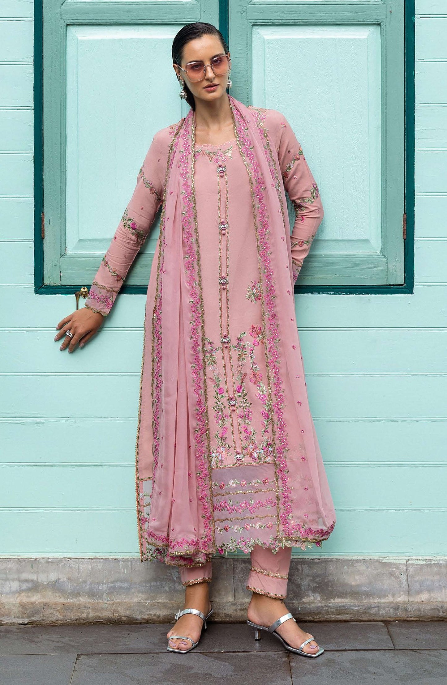 Nuvera by Mushq Embroidered Raw Silk Unstitched 3 Piece Suit - Elowen - MQ25NV - Pink - Luxury Collection