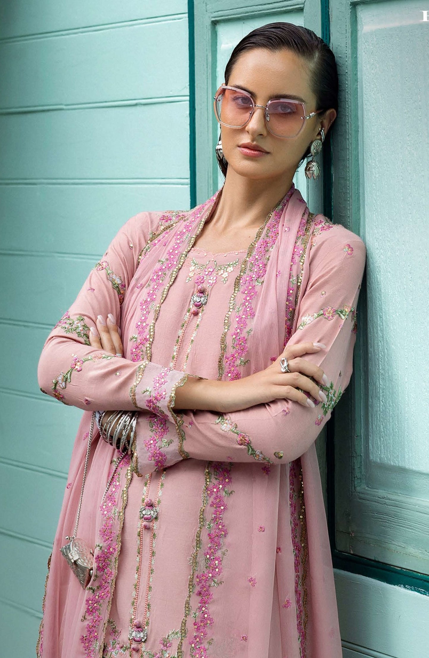 Nuvera by Mushq Embroidered Raw Silk Unstitched 3 Piece Suit - Elowen - MQ25NV - Pink - Luxury Collection