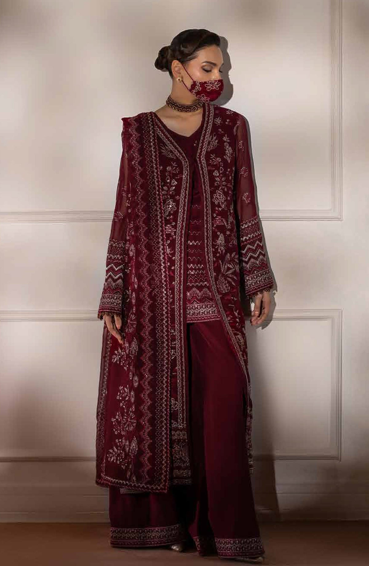 Parisa Safeera by Flossie Embroidered Chiffon Unstitched 3 Piece Suit - PA-02 - FLS26PRS - Maroon - Luxury Collection