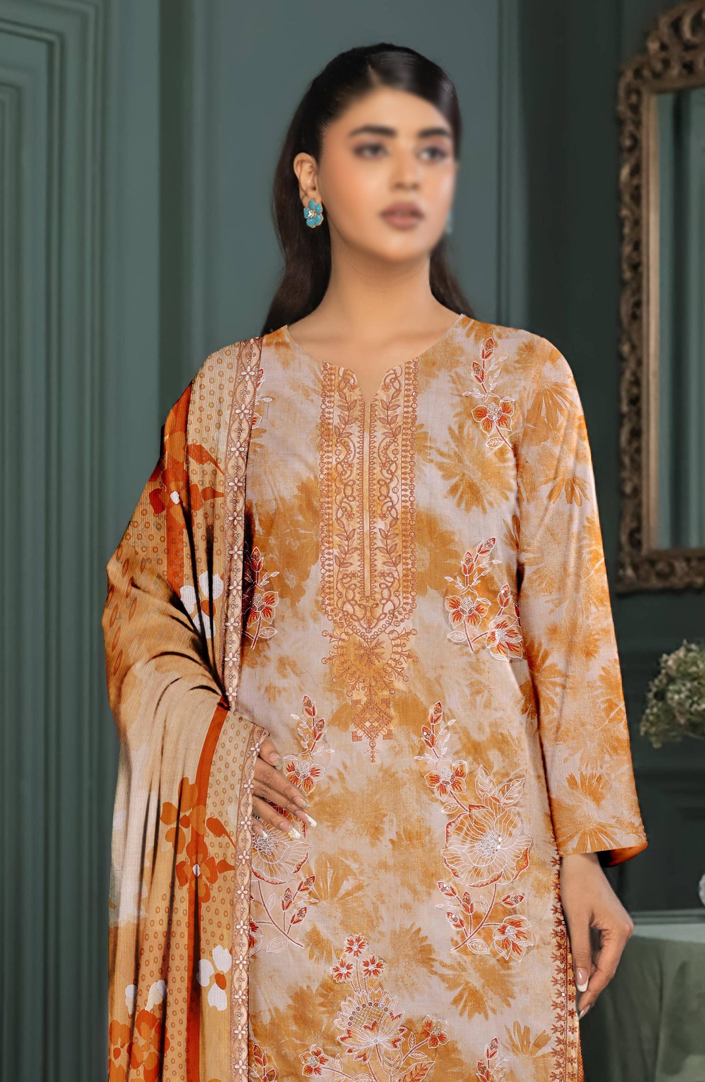 Parishay by Al Karim Embroidered Lawn Unstitched 3 Piece Suit - D-07 - AK26PRH - Rust - Summer Collection