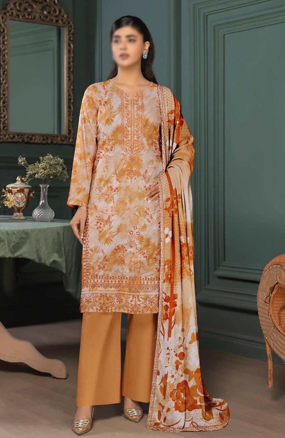 Parishay by Embroidered Lawn Unstitched 3 Piece Suit - D-07 - AK26PRH - Rust - Summer Collection