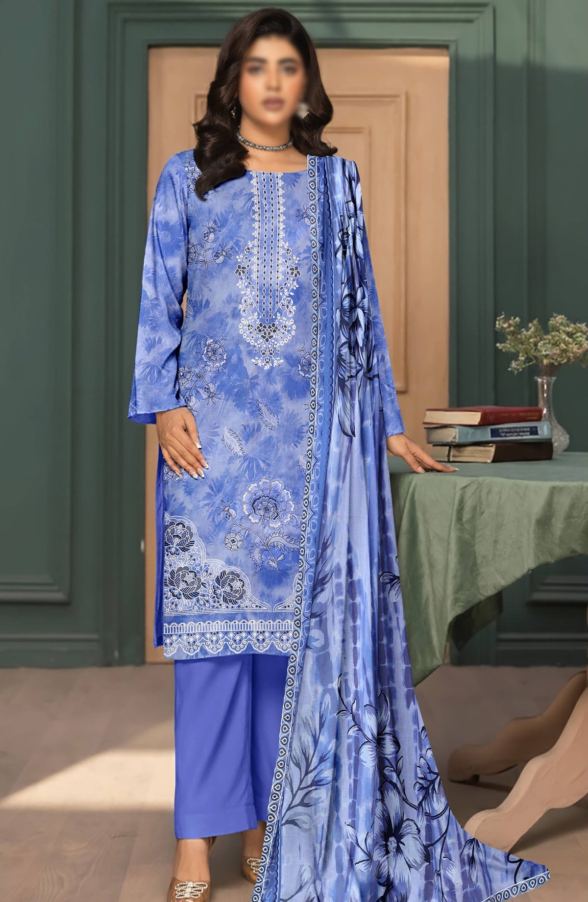Parishay by Embroidered Lawn Unstitched 3 Piece Suit - D-01 - AK26PRH - Blue - Summer Collection