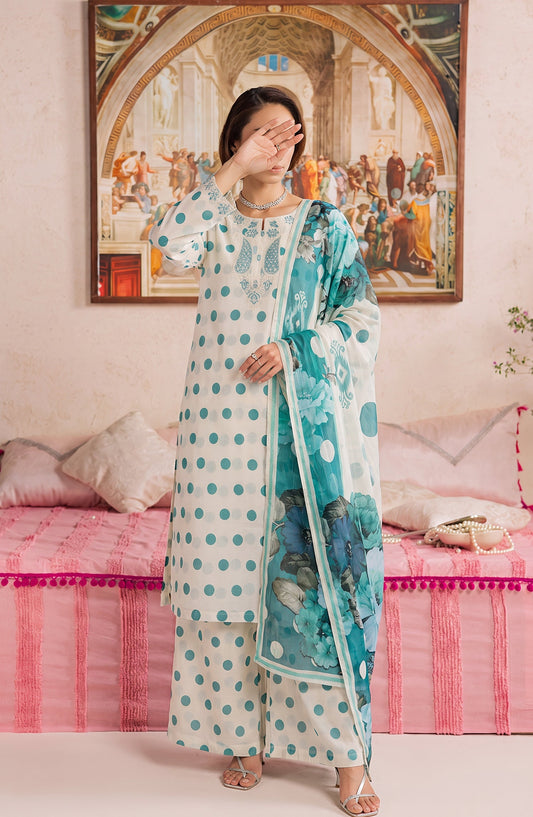 Polka Romance by Amna Khadija Embroidered Lawn Stitched 3 Piece Suit - AKPR-03 - AM26PKRM - Ferozi - Summer Collection