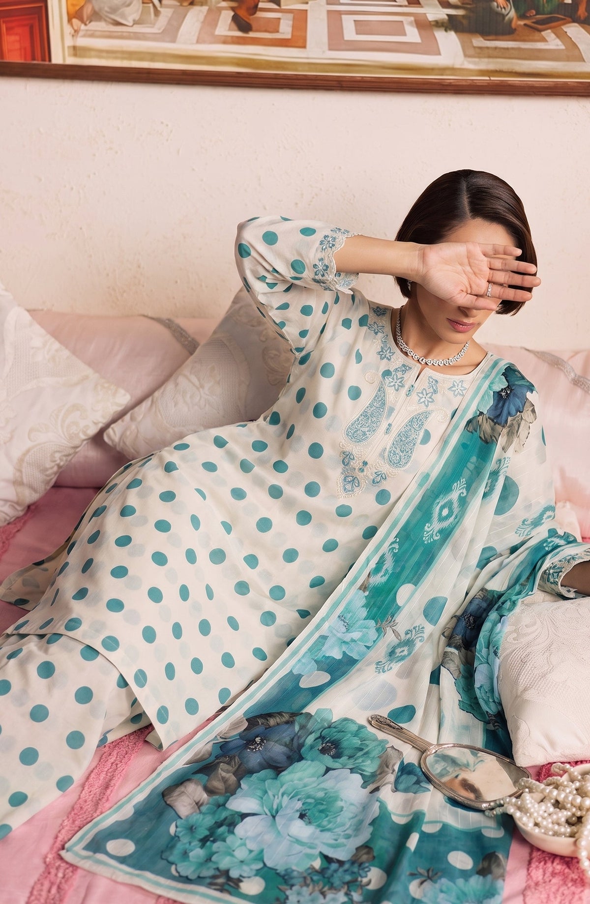 Polka Romance by Amna Khadija Embroidered Lawn Stitched 3 Piece Suit - AKPR-03 - AM26PKRM - Ferozi - Summer Collection