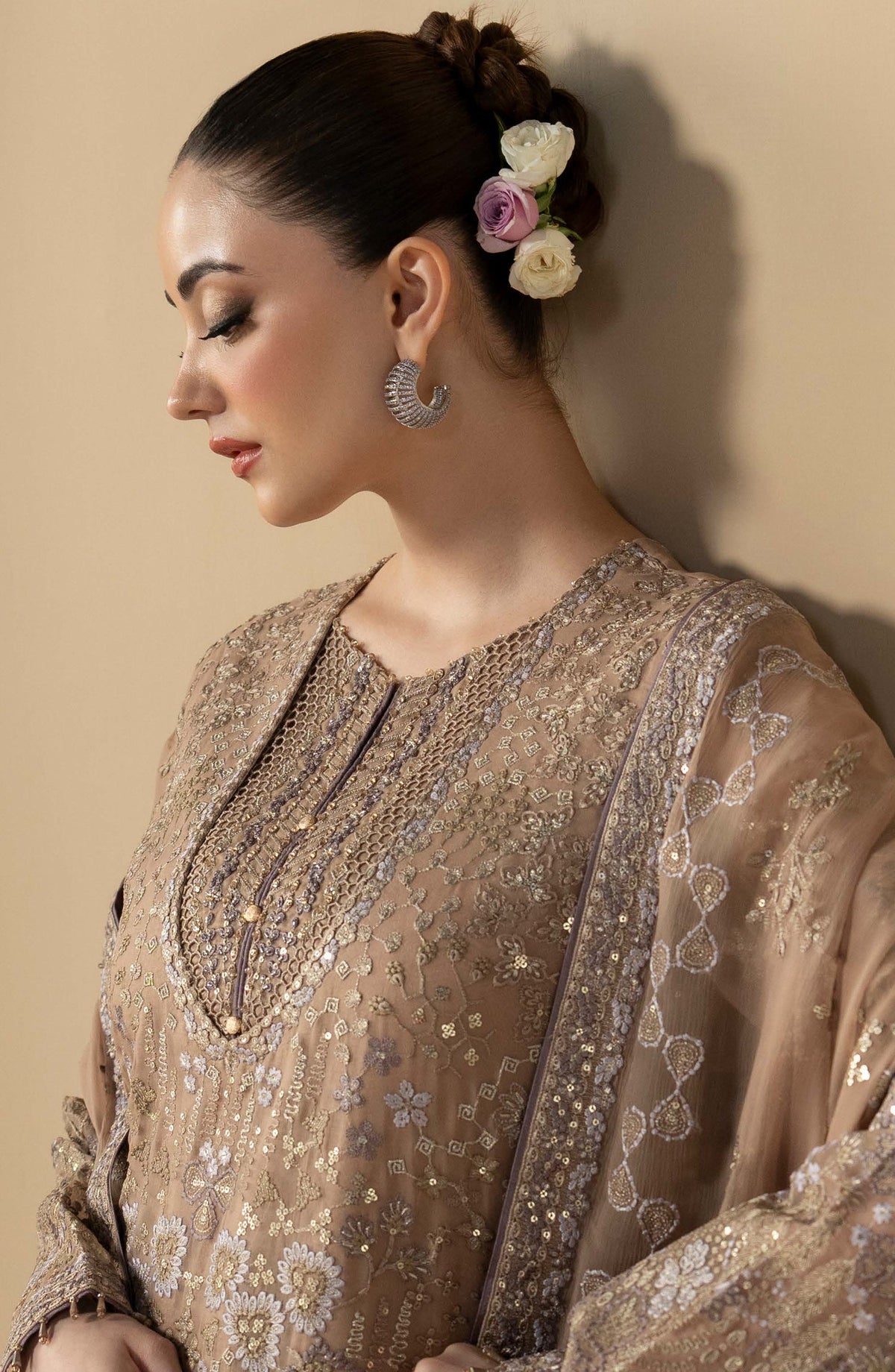 Purkashish Lavish Premium Embroidered Chiffon Unstitched 3 Piece Suit - 09 Mauve Taupe - LP26PRK - Beige - Festive Collection