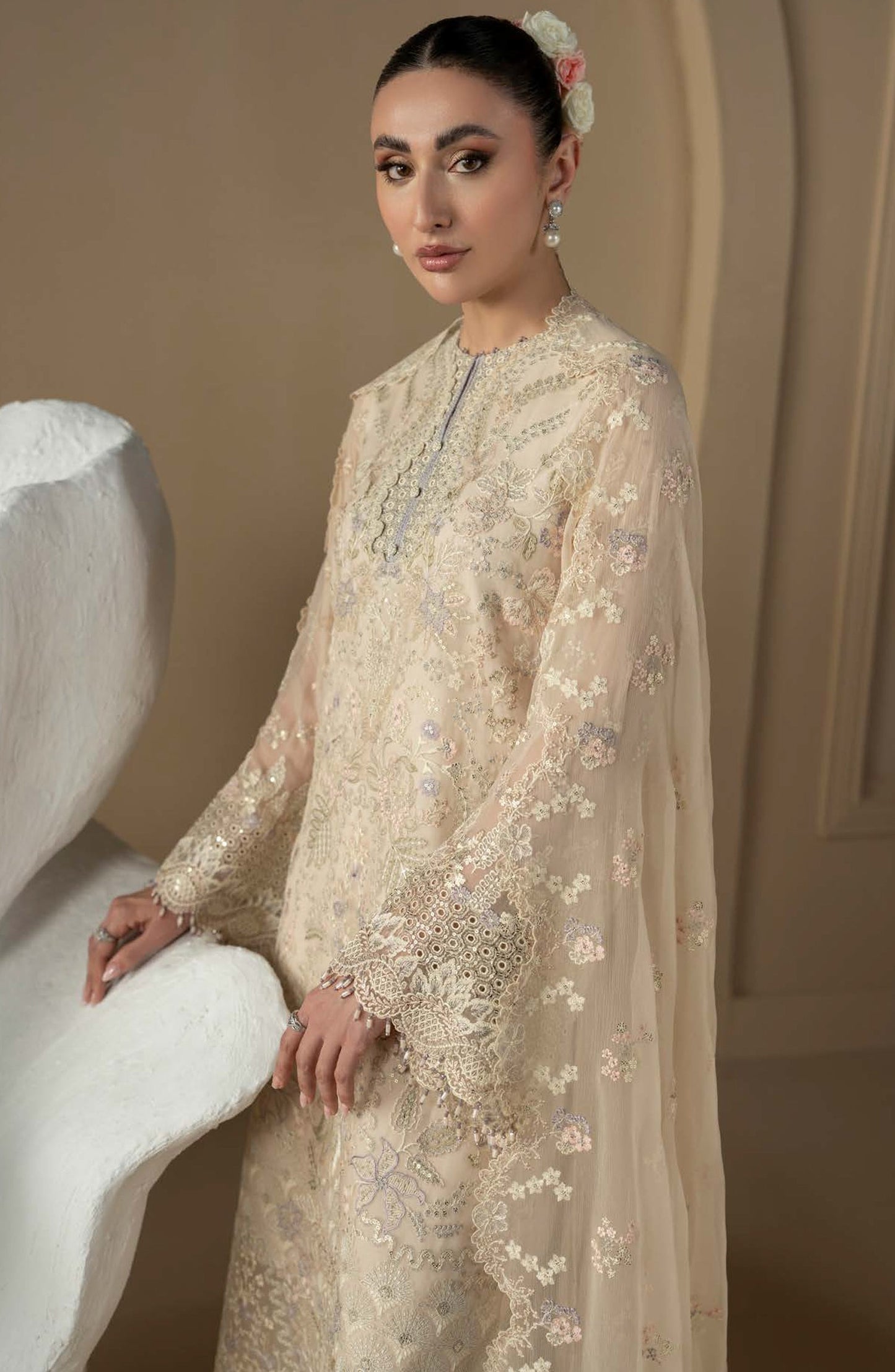 Purkashish Lavish Premium Embroidered Chiffon Unstitched 3 Piece Suit - 08 Pearl Ivory - LP26PRK - Cream - Festive Collection