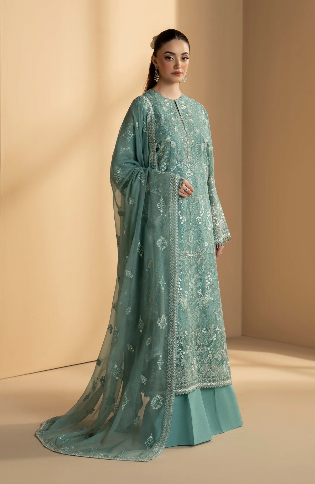 Purkashish Lavish Premium Embroidered Chiffon Unstitched 3 Piece Suit - 06 Aqua Mist - LP26PRK - Sea Green - Festive Collection