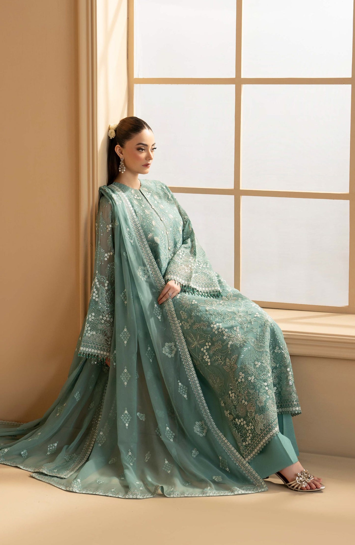 Purkashish Lavish Premium Embroidered Chiffon Unstitched 3 Piece Suit - 06 Aqua Mist - LP26PRK - Sea Green - Festive Collection