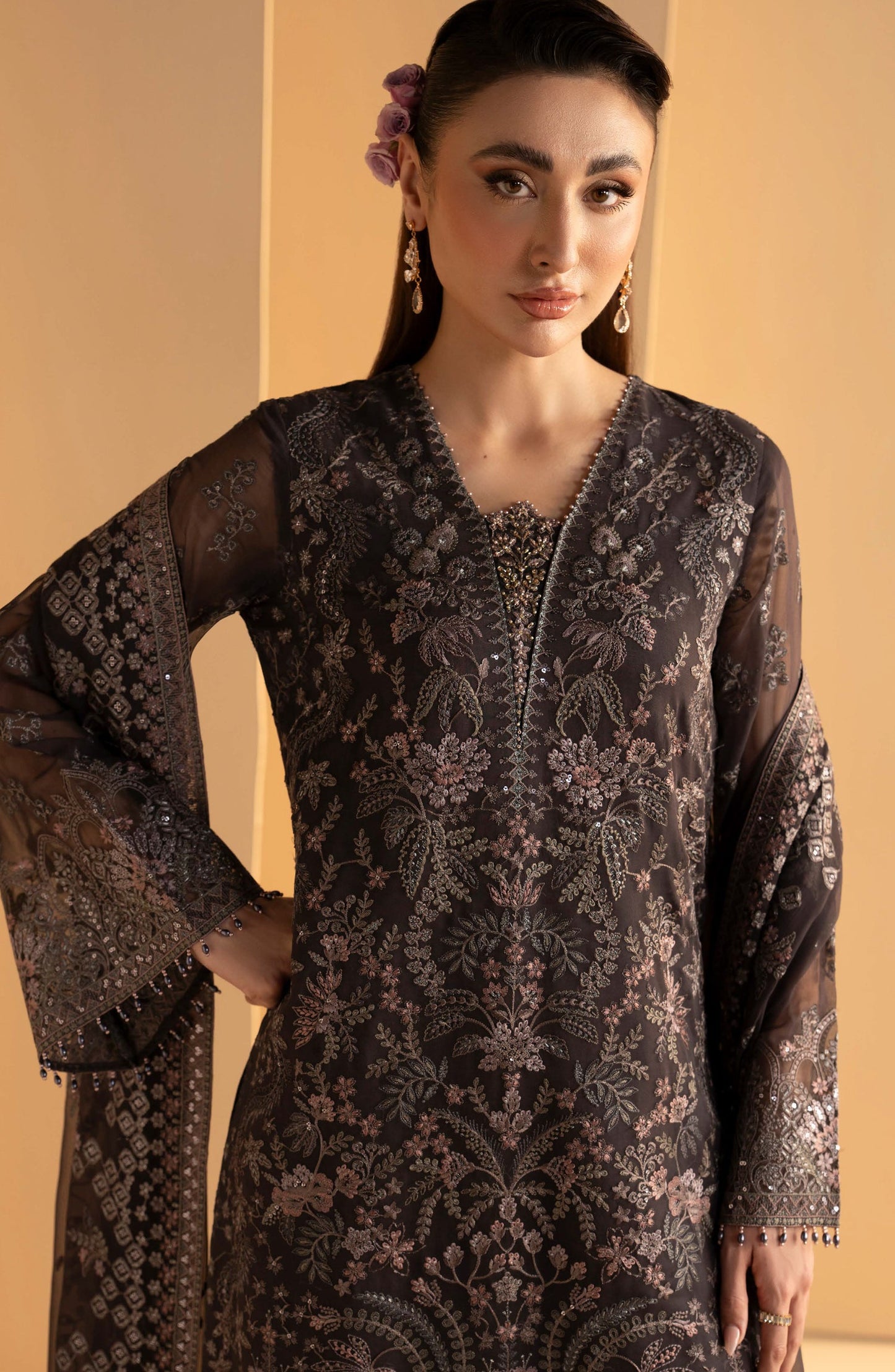 Purkashish Lavish Premium Embroidered Chiffon Unstitched 3 Piece Suit - 05 Coco Noir - LP26PRK - Black - Festive Collection
