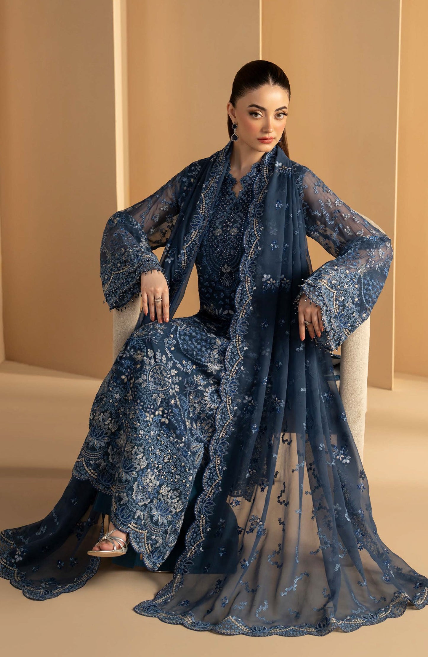 Purkashish Lavish Premium Embroidered Chiffon Unstitched 3 Piece Suit - 03 Midnight Sapphire - LP26PRK - Blue - Festive Collection