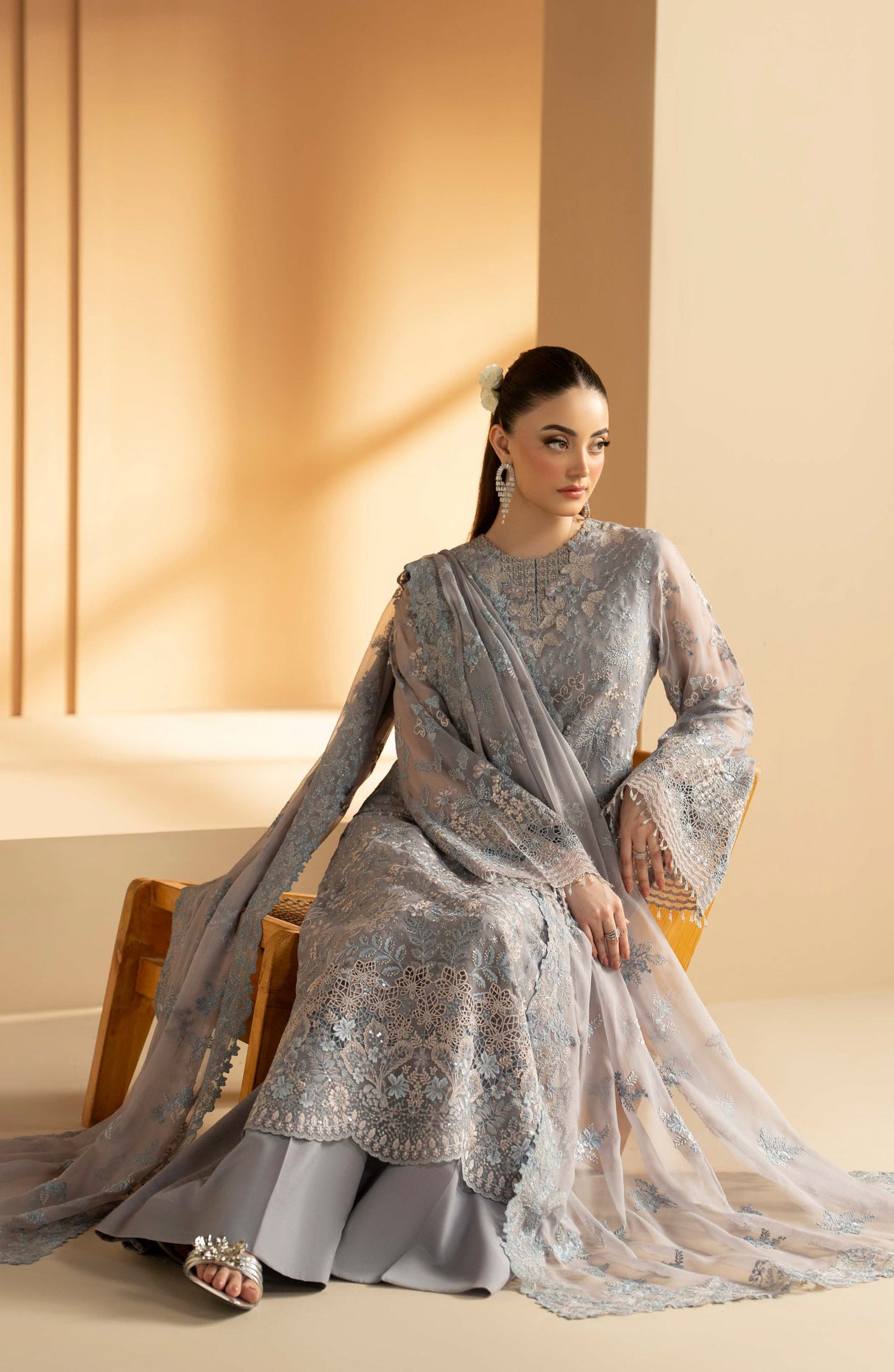 Purkashish Lavish Premium Embroidered Chiffon Unstitched 3 Piece Suit - 01 Silver Sage - LP26PRK - Grey - Festive Collection