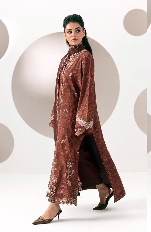 Qalamkar Embroidered Slub Linen Unstitched 3 Piece Suit - QPW-01A - QL26LI - Rust - Winter Collection
