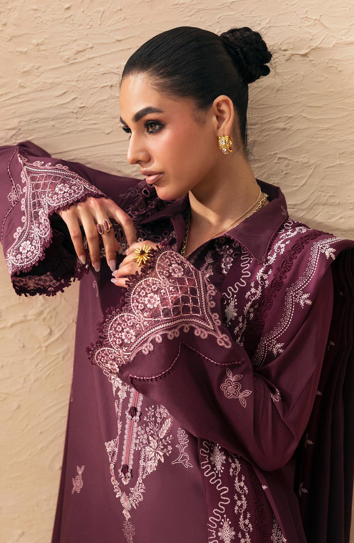 Qalamkar Embroidered Slub Linen Unstitched 3 Piece Suit - QPW-02B - QL26LI - Purple - Winter Collection