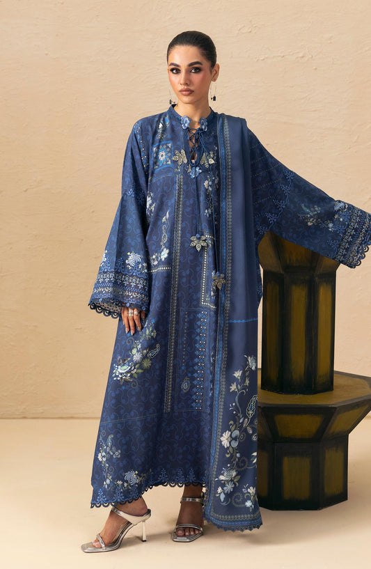 Qalamkar Embroidered Slub Linen Unstitched 3 Piece Suit - QPW-05B - QL26LI - Blue - Winter Collection