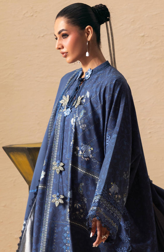 Qalamkar Embroidered Slub Linen Unstitched 3 Piece Suit - QPW-05B - QL26LI - Blue - Winter Collection