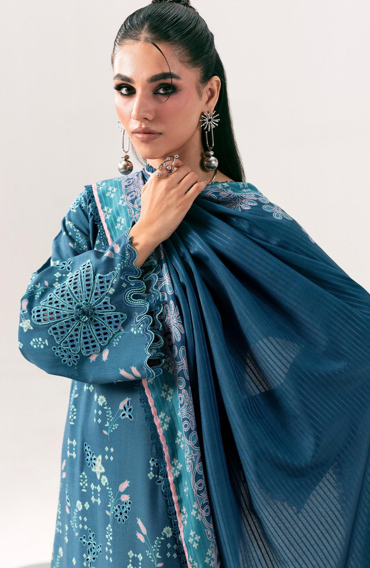 Qalamkar Embroidered Slub Linen Unstitched 3 Piece Suit - QPW-06B - QL26LI - Teal - Winter Collection