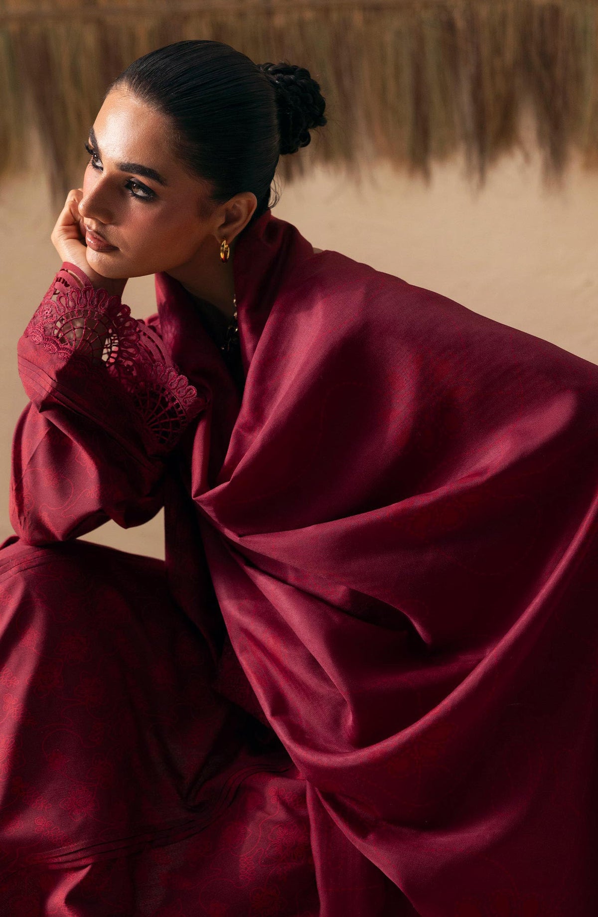 Qalamkar Embroidered Slub Linen Unstitched 3 Piece Suit - QPW-07B - QL26LI - Red - Winter Collection