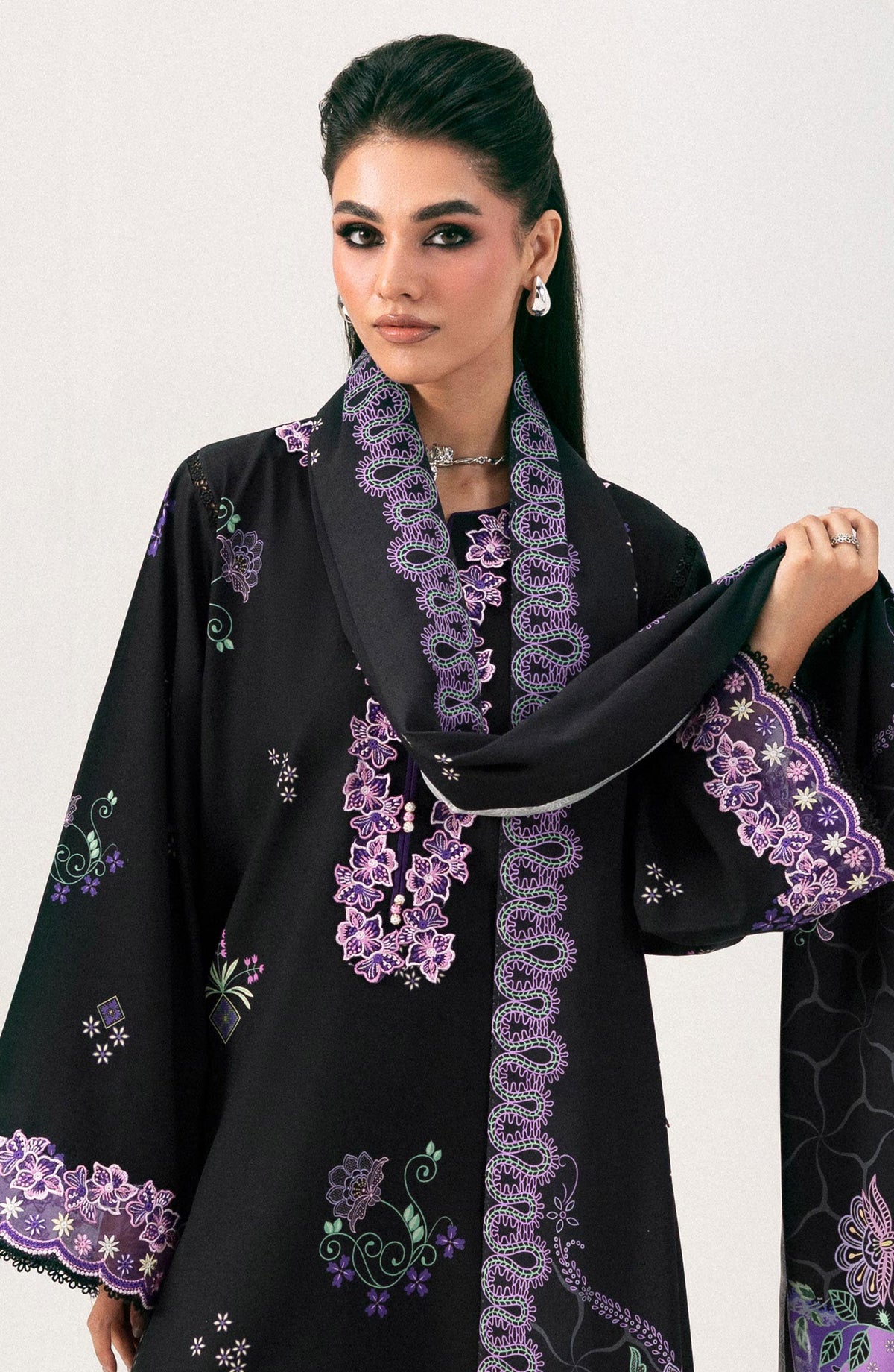 Qalamkar Embroidered Slub Linen Unstitched 3 Piece Suit - QPW-09B - QL26LI - Black - Winter Collection