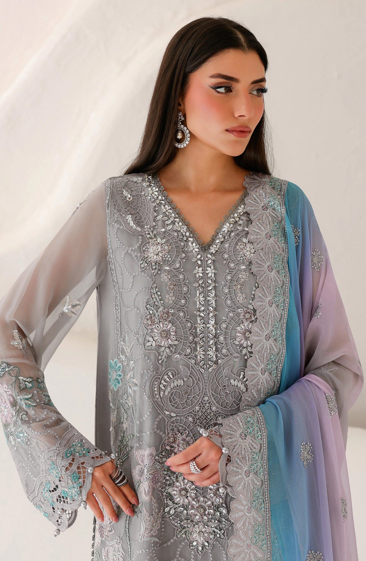 Ramsha Satrangi Embroidered Chiffon Unstitched 3 Piece Suit - ST-201 - RM26STG - Grey - Festive Collection