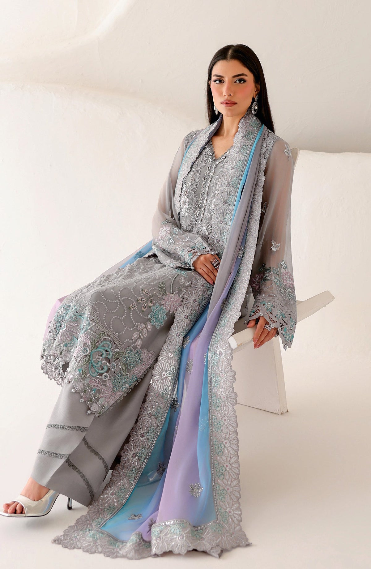 Ramsha Satrangi Embroidered Chiffon Unstitched 3 Piece Suit - ST-201 - RM26STG - Grey - Festive Collection