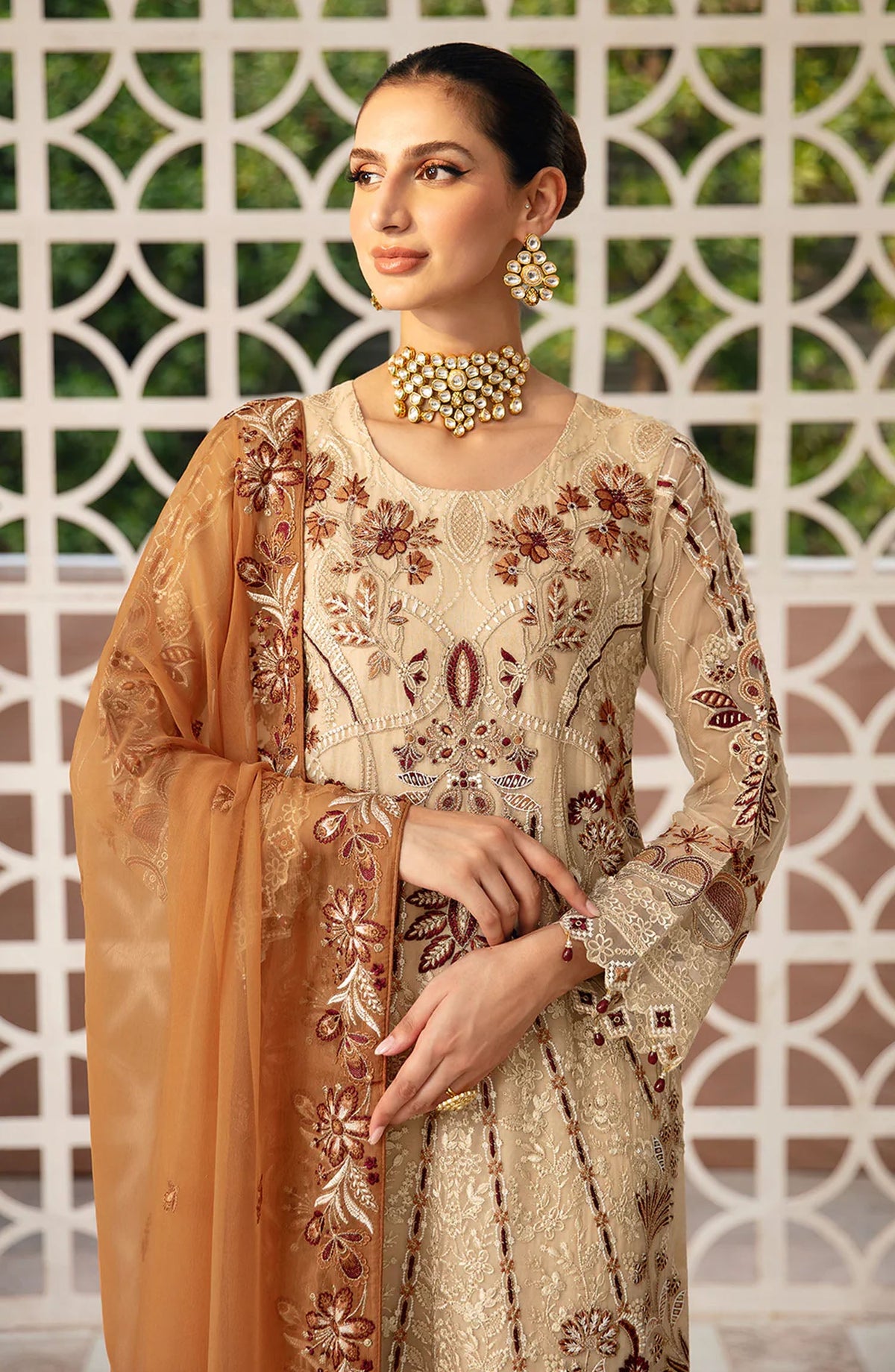 Chevron by Ramsha Embroidered Chiffon Unstitched 3 Piece Suit - A-912 - RM26CHRN - Fawn - Festive Collection