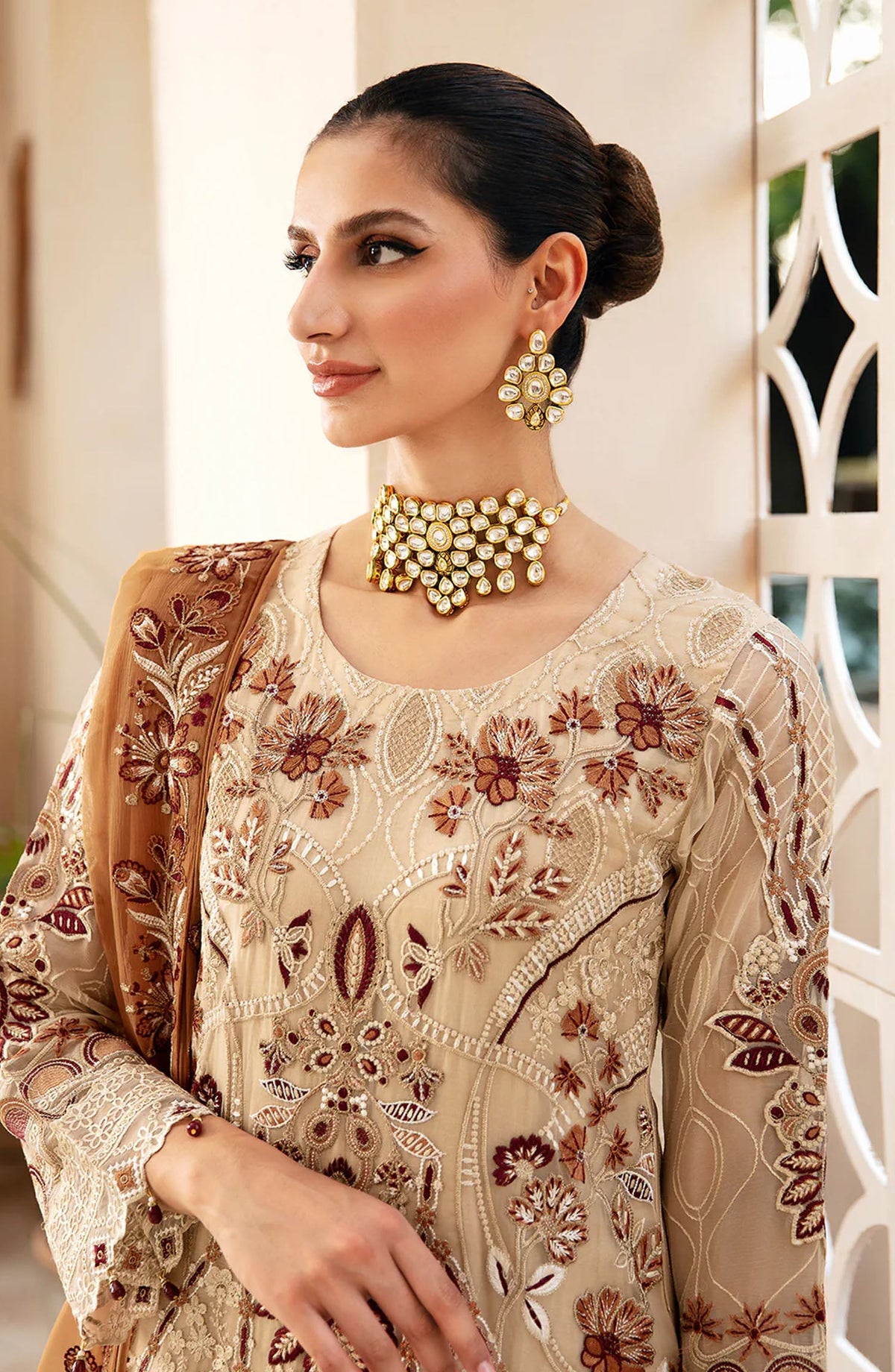 Chevron by Ramsha Embroidered Chiffon Unstitched 3 Piece Suit - A-912 - RM26CHRN - Fawn - Festive Collection