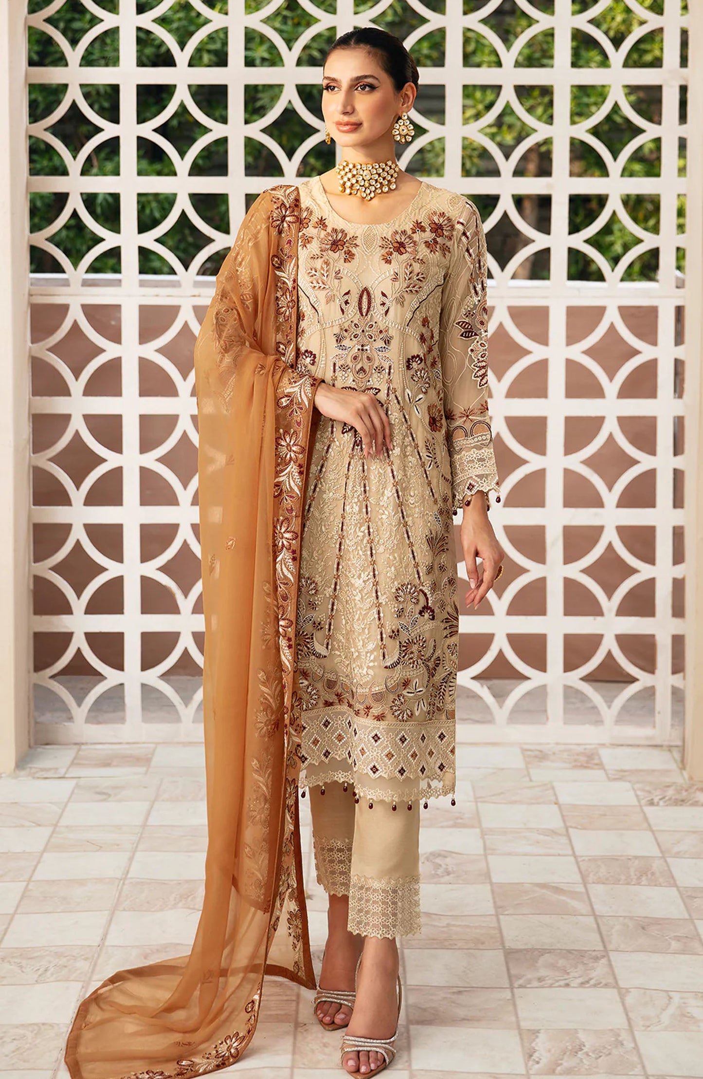 Chevron by Ramsha Embroidered Chiffon Unstitched 3 Piece Suit - A-912 - RM26CHRN - Fawn - Festive Collection