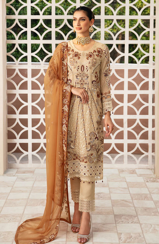 Chevron by Ramsha Embroidered Chiffon Unstitched 3 Piece Suit - A-912 - RM26CHRN - Fawn - Festive Collection