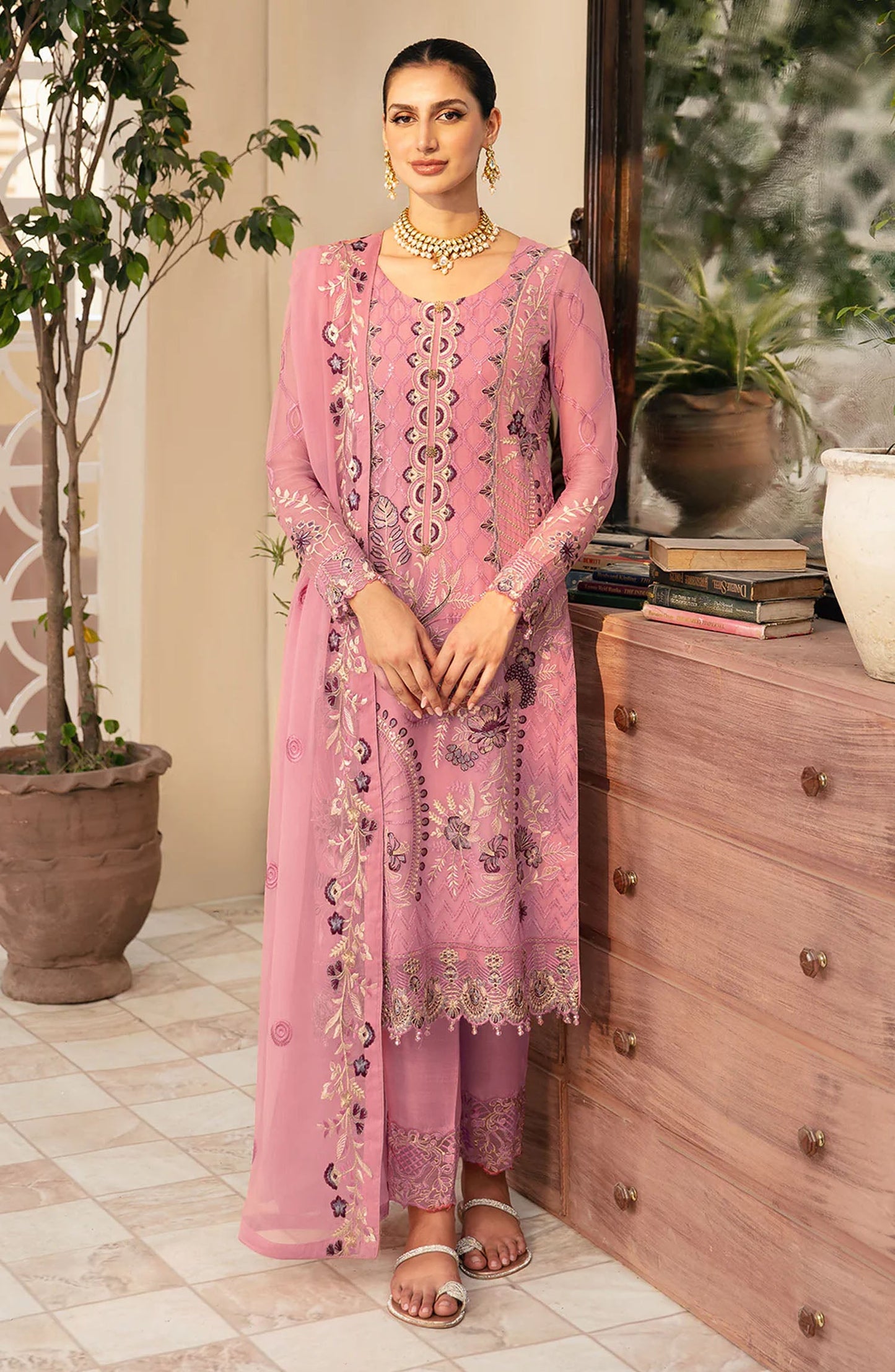 Chevron by Ramsha Embroidered Chiffon Unstitched 3 Piece Suit - A-909 - RM26CHRN - Pink - Festive Collection